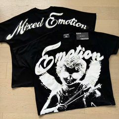 MIXED EMOTION Vintage Rhinestone Script Cherub Graphic T-Shirt (Black)