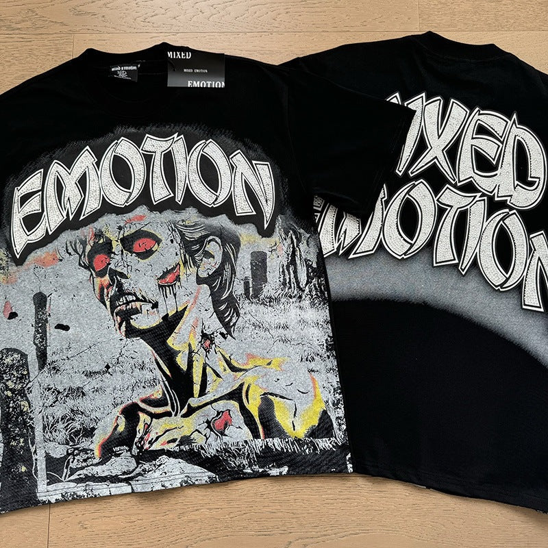 MIXED EMOTION Vintage Rhinestone Red-Eyed Zombie Graphic T-Shirt (Black)