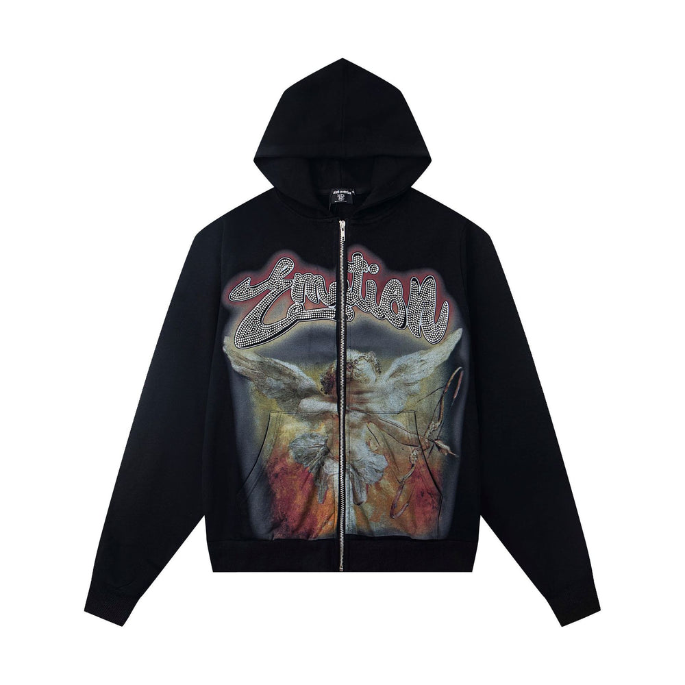MIXED EMOTION Vintage Angel Graphic Zip Hoodie