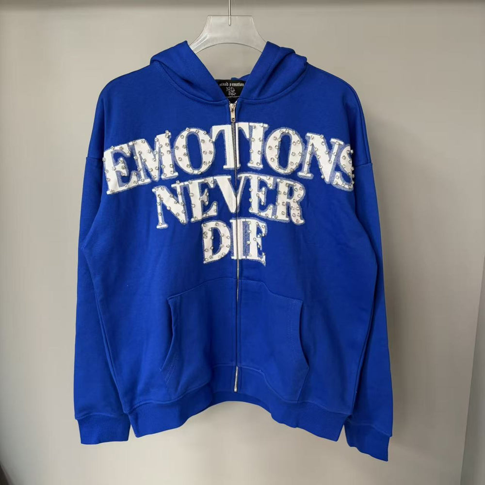 MIXED EMOTION Vintage Rhinestone "Emotions Never Die" Full-Zip Hoodie (Royal Blue)
