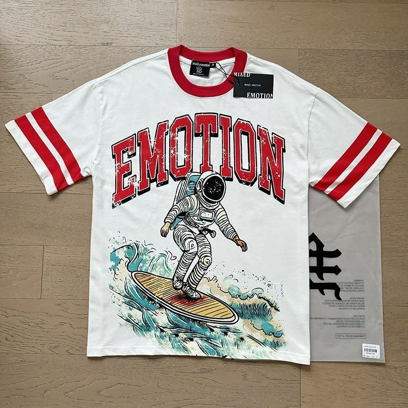 MIXED EMOTION Vintage Surfing Astronaut Graphic T-Shirt (White / Red)