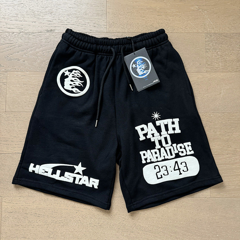 2024 summer new washed and worn casual shorts, flame printed trendy brand Hell Star men's five quarter pants (3)
