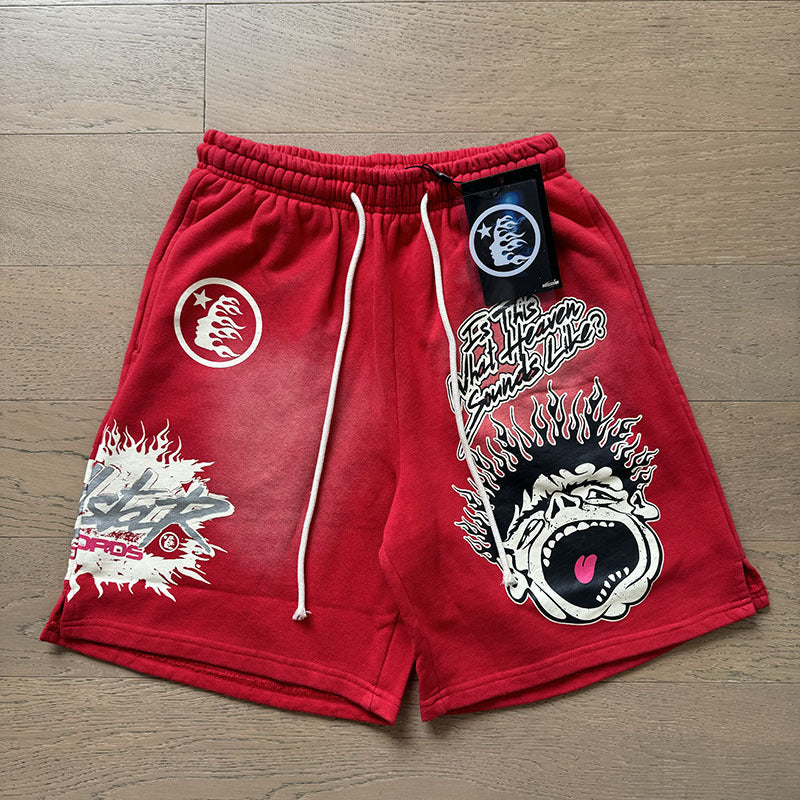 2024 summer new washed and worn casual shorts, flame printed trendy brand Hell Star men's five quarter pants (27)