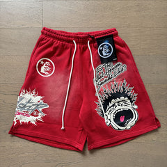 2024 summer new washed and worn casual shorts, flame printed trendy brand Hell Star men's five quarter pants (27)