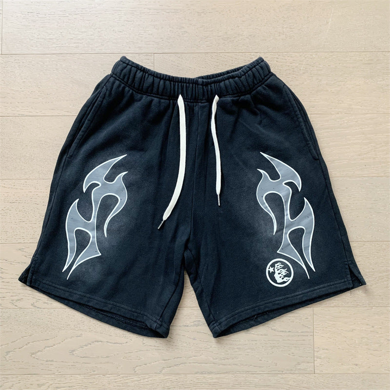 2024 summer new washed and worn casual shorts, flame printed trendy brand Hell Star men's five quarter pants (10)