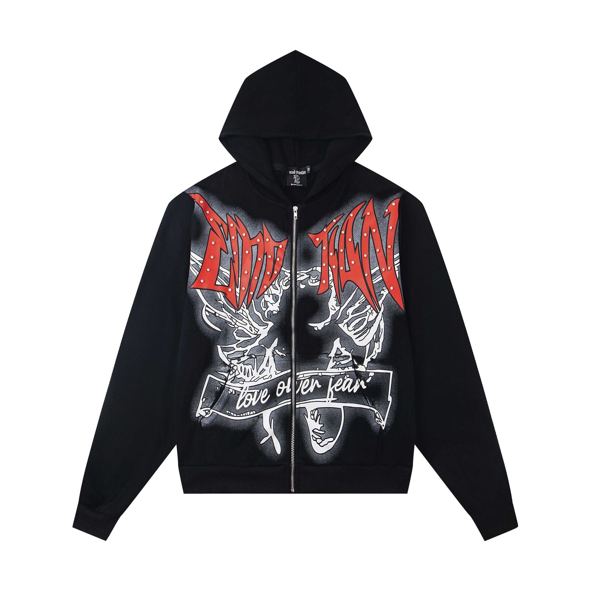 MIXED EMOTION Crimson Emblem Distressed Zip Hoodie