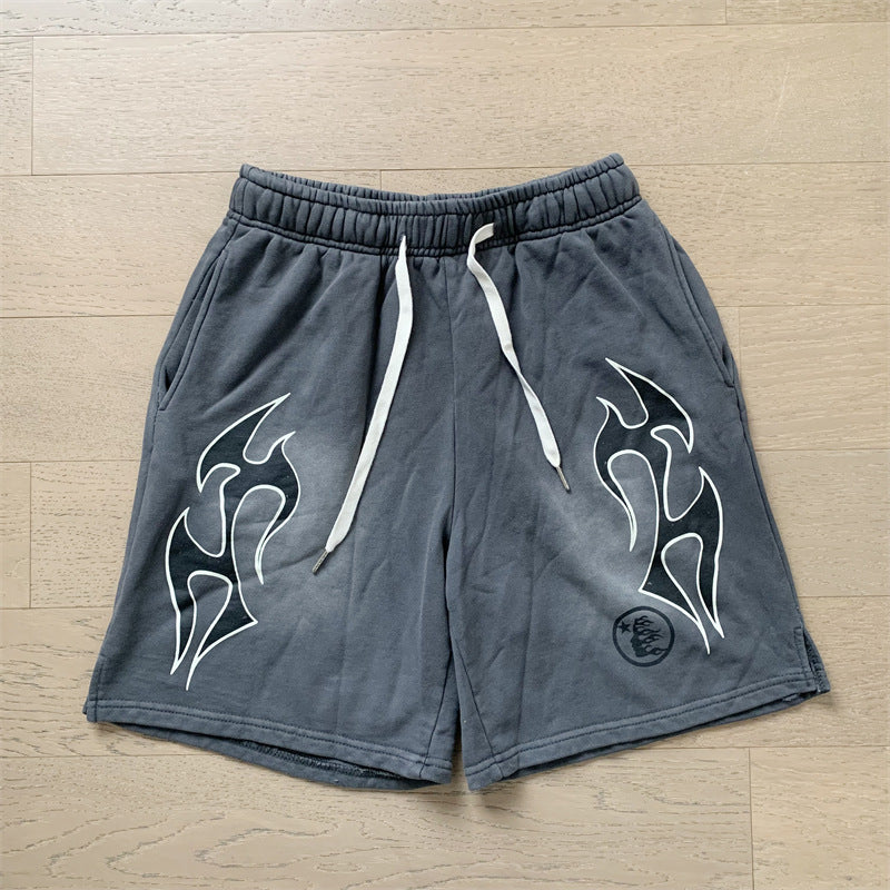 2024 summer new washed and worn casual shorts, flame printed trendy brand Hell Star men's five quarter pants (11)