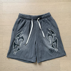2024 summer new washed and worn casual shorts, flame printed trendy brand Hell Star men's five quarter pants (11)