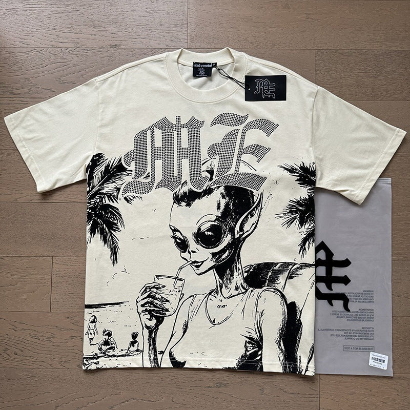 MIXEDEMOTION Retro Hot Diamond Letter Printed Summer High Street Loose Casual Men's and Women's Round Neck Short sleeved T-shirt (26)
