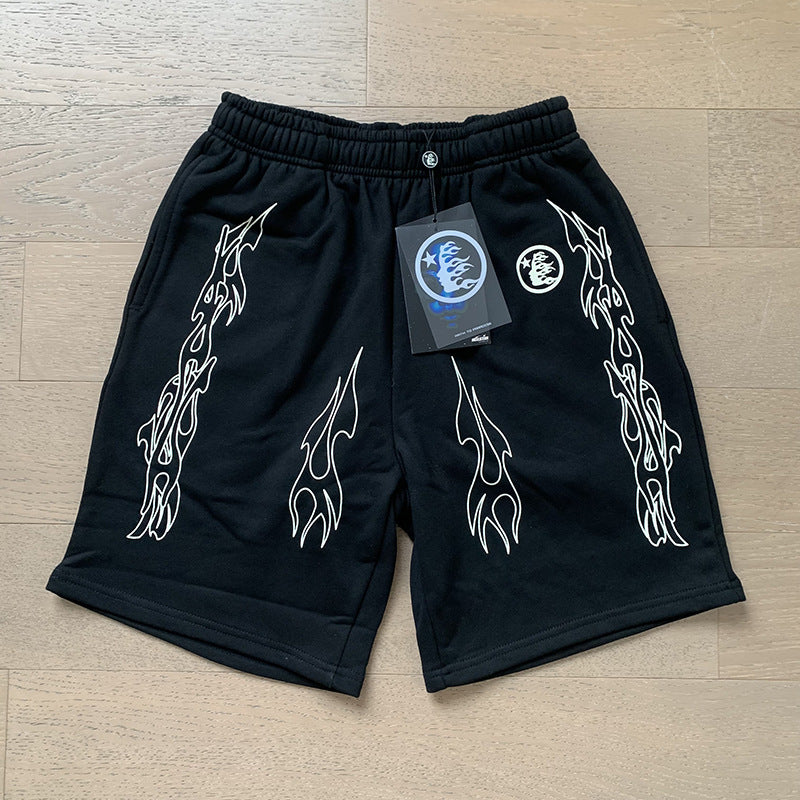 2024 summer new washed and worn casual shorts, flame printed trendy brand Hell Star men's five quarter pants (8)
