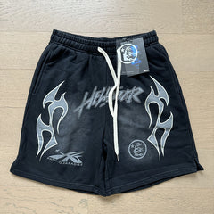 2024 summer new washed and worn casual shorts, flame printed trendy brand Hell Star men's five quarter pants (1)