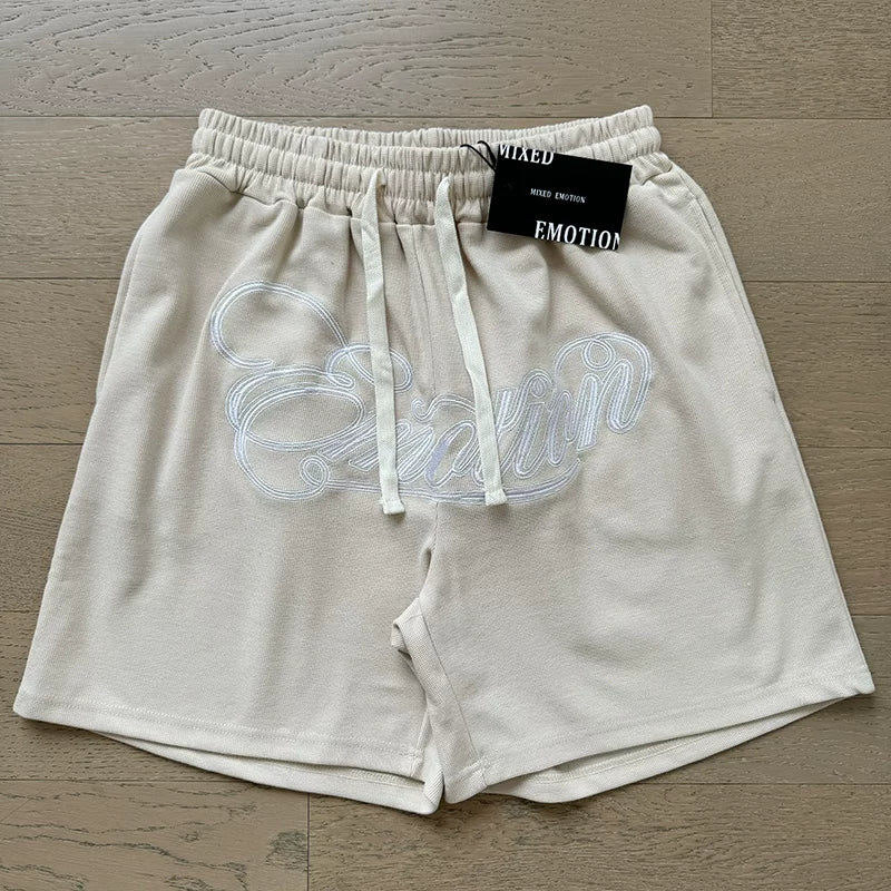 MIXED EMOTION Vintage Rhinestone Lettering Sweatshorts (Beige)