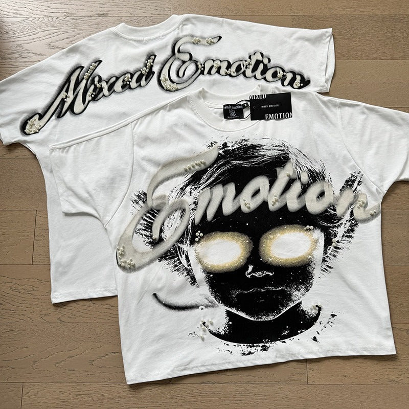 MIXEDEMOTION Retro Hot Diamond Letter Printed Summer High Street Loose Casual Men's and Women's Round Neck Short sleeved T-shirt (26)