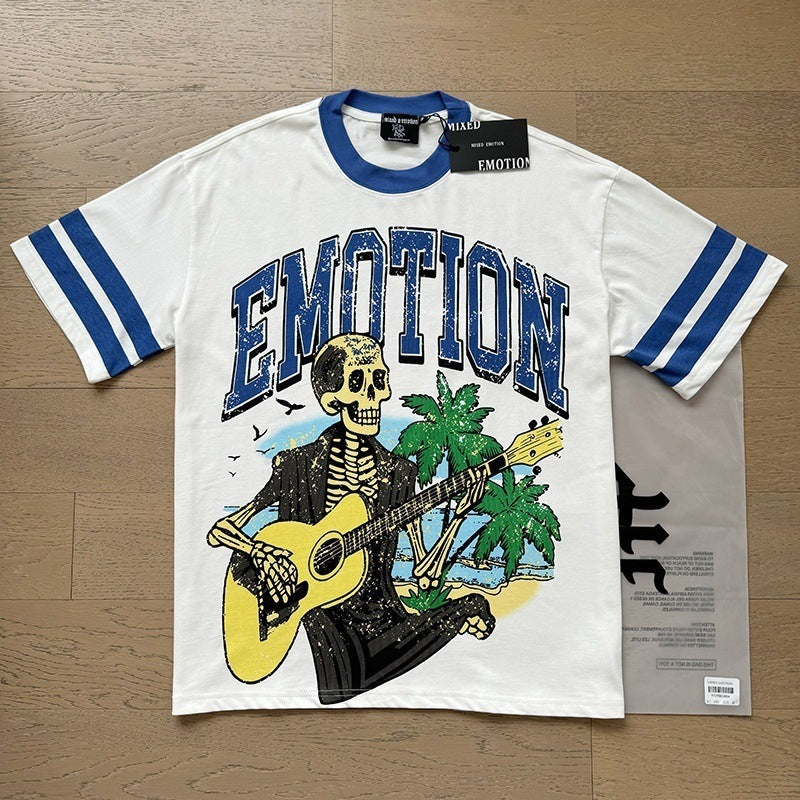 MIXED EMOTION Vintage Skeleton Guitarist Graphic T-Shirt (White / Blue)