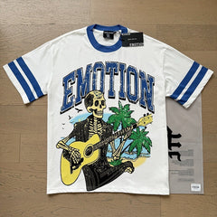 MIXED EMOTION Vintage Skeleton Guitarist Graphic T-Shirt (White / Blue)
