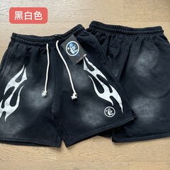 2024 summer new washed and worn casual shorts, flame printed trendy brand Hell Star men's five quarter pants (32)