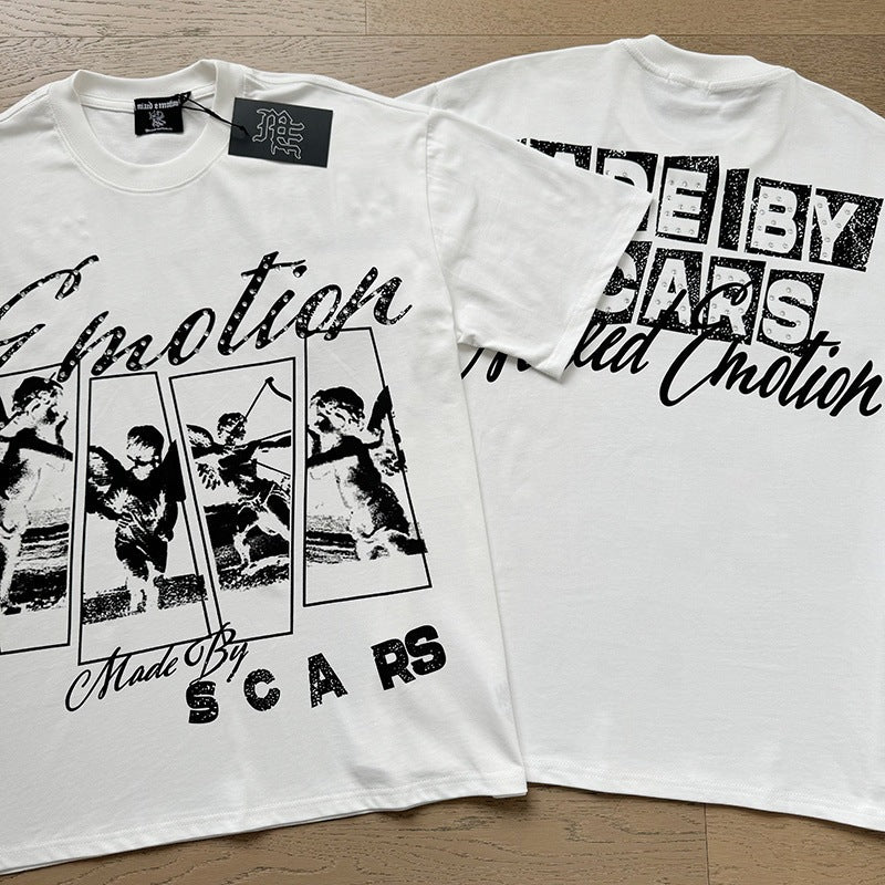 MIXED EMOTION Vintage Graphic "Made By Scars" Multi-Panel Cherub T-Shirt (White)