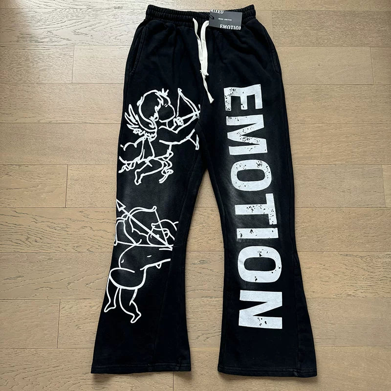 MIXED EMOTION Vintage Graphic Flare Sweatpants (Black)