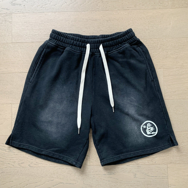 2024 summer new washed and worn casual shorts, flame printed trendy brand Hell Star men's five quarter pants (9)