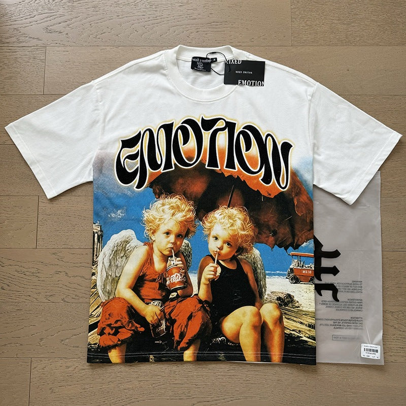 MIXEDEMOTION Retro Hot Diamond Letter Printed Summer High Street Loose Casual Men's and Women's Round Neck Short sleeved T-shirt (26)