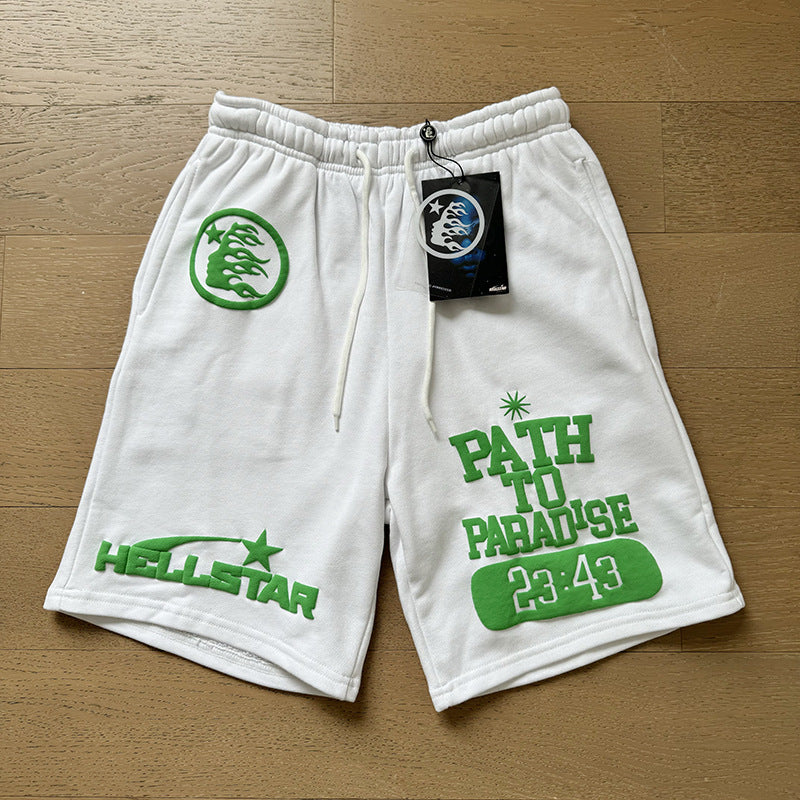 2024 summer new washed and worn casual shorts, flame printed trendy brand Hell Star men's five quarter pants (4)