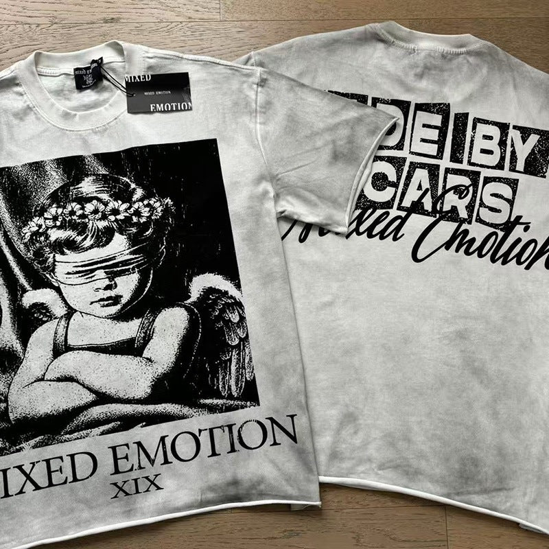 MIXED EMOTION Vintage Graphic "Made By Scars" Blindfolded Angel T-Shirt (Grey / Acid Wash)