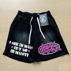 2024 summer new washed and worn casual shorts, flame printed trendy brand Hell Star men's five quarter pants (16)