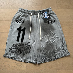 2024 summer new washed and worn casual shorts, flame printed trendy brand Hell Star men's five quarter pants (29)