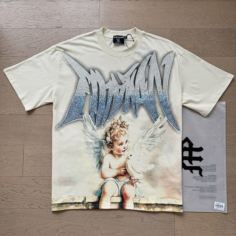 MIXED EMOTION Vintage Rhinestone Dove & Cherub Graphic T-Shirt (White)