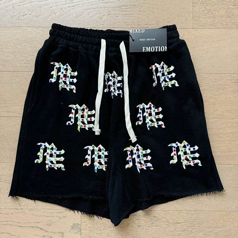 MIXED EMOTION Vintage Multi-Color Rhinestone Monogram Sweatshorts (Black)