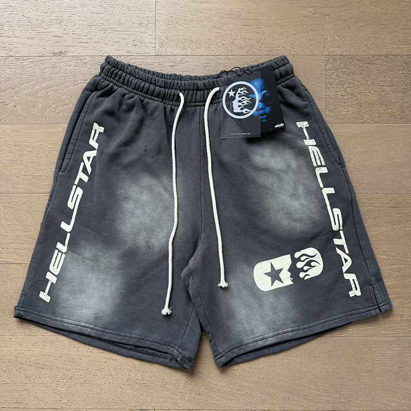 2024 summer new washed and worn casual shorts, flame printed trendy brand Hell Star men's five quarter pants (21)