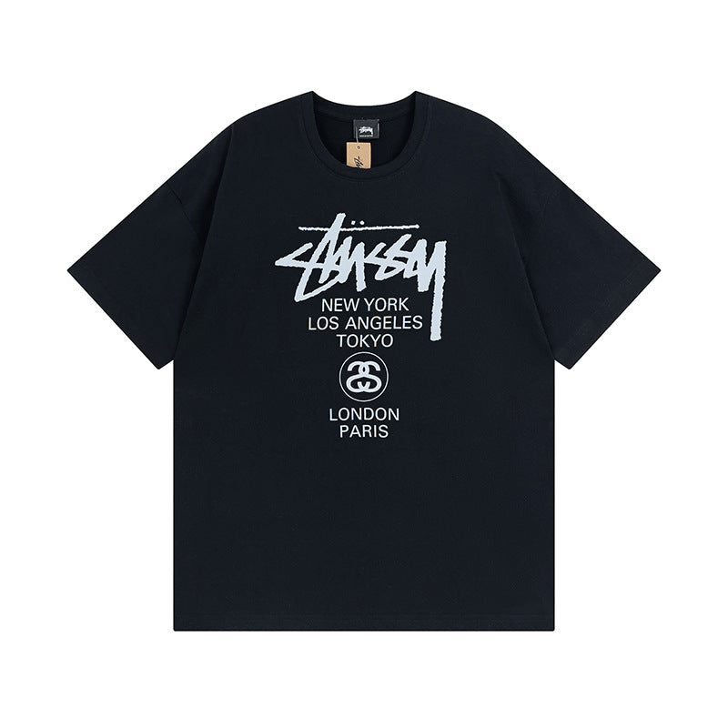 Original 2024 Spring/Summer New Trendy Brand Stu Classic Parade Printed Letter Men's and Women's Same Short Sleeve One Piece Hair Collection (17)