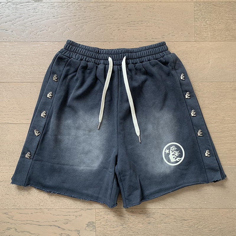 2024 summer new washed and worn casual shorts, flame printed trendy brand Hell Star men's five quarter pants (5)