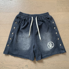 2024 summer new washed and worn casual shorts, flame printed trendy brand Hell Star men's five quarter pants (5)