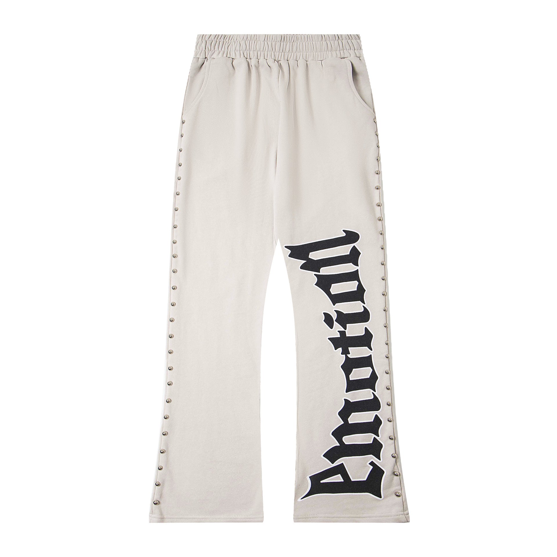 MIXED EMOTION Vintage Studded Gothic Script Sweatpants (Off-White)