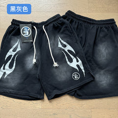 2024 summer new washed and worn casual shorts, flame printed trendy brand Hell Star men's five quarter pants (34)