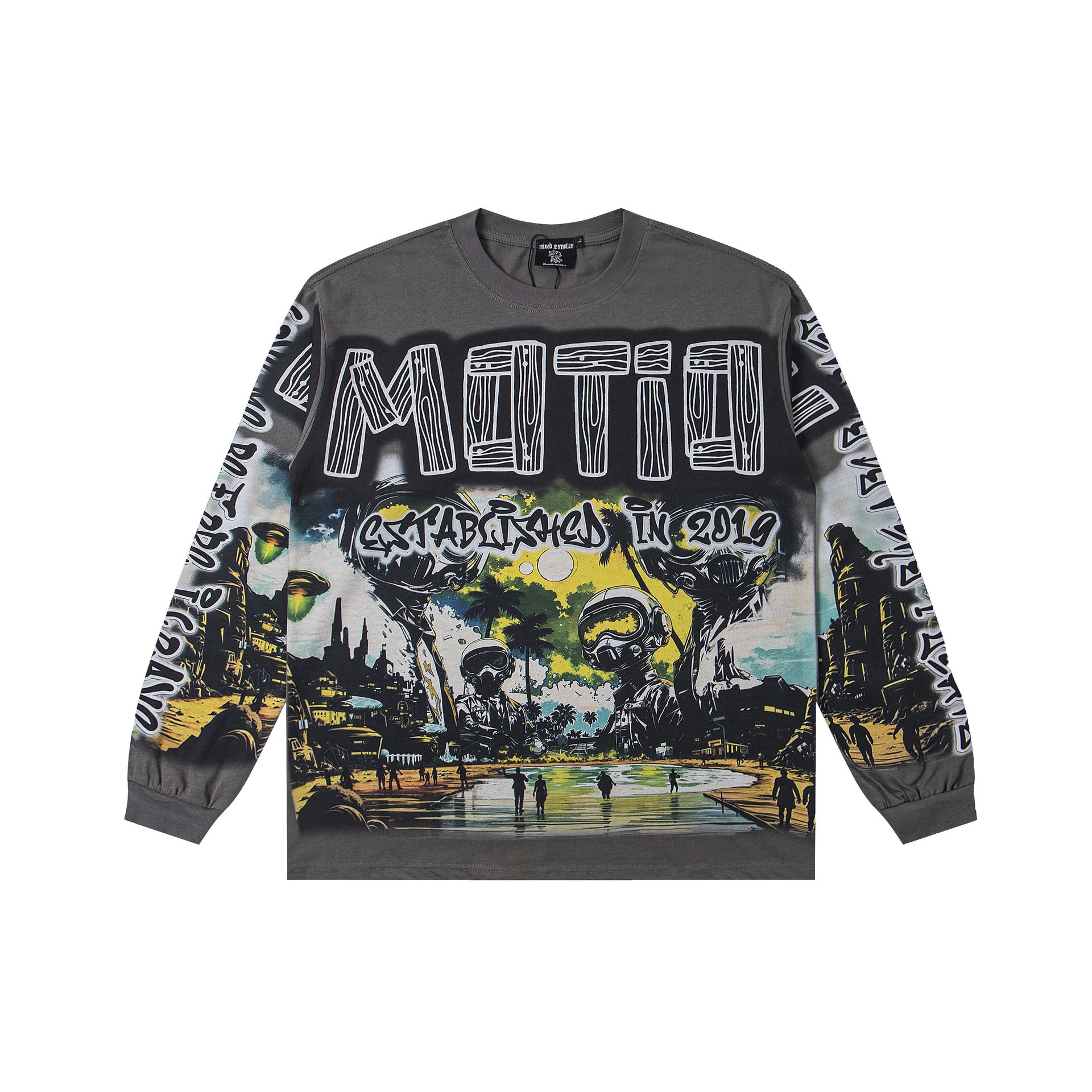 MIXED EMOTION Vintage Surreal Landscape Graphic Long-Sleeve Tee (Dark Grey)