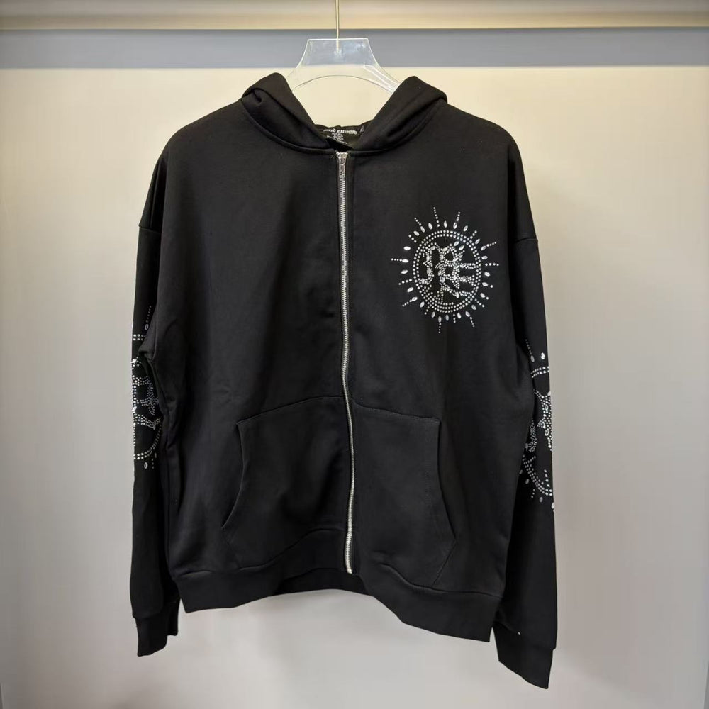 MIXED EMOTION Vintage Rhinestone Sun Emblem Full-Zip Hoodie (Black)