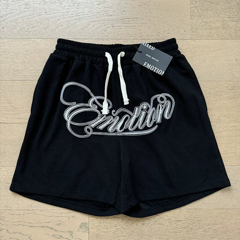 MIXED EMOTION Vintage Rhinestone Lettering Sweatshorts (Black)