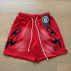 2024 summer new washed and worn casual shorts, flame printed trendy brand Hell Star men's five quarter pants (24)