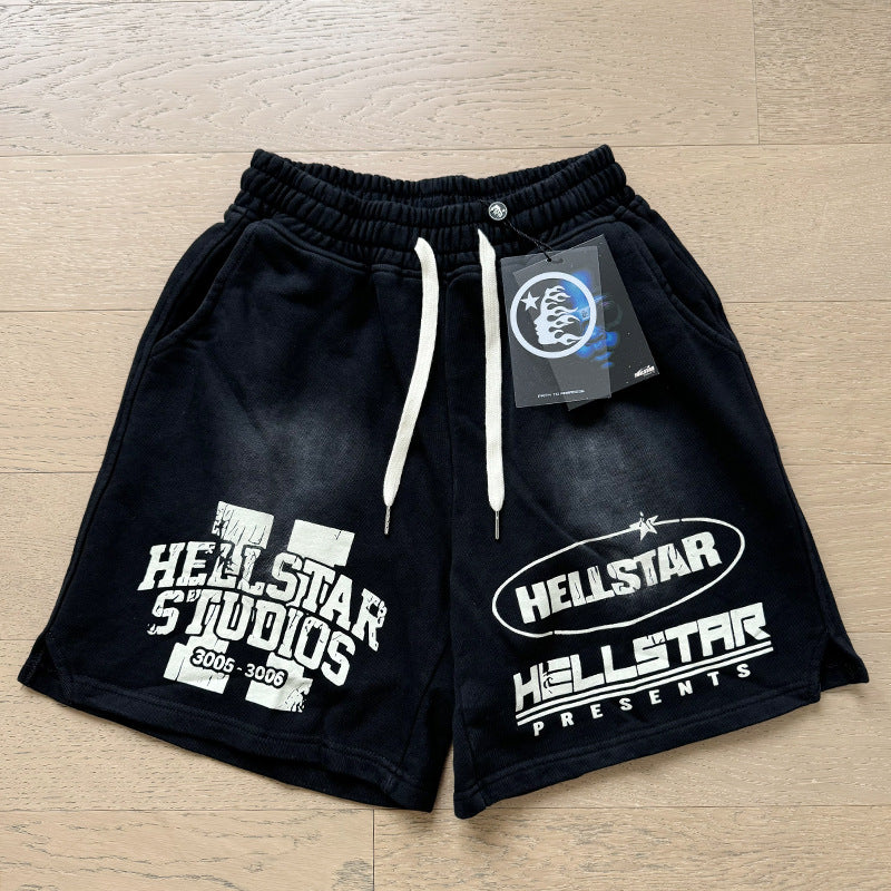 2024 summer new washed and worn casual shorts, flame printed trendy brand Hell Star men's five quarter pants (16)