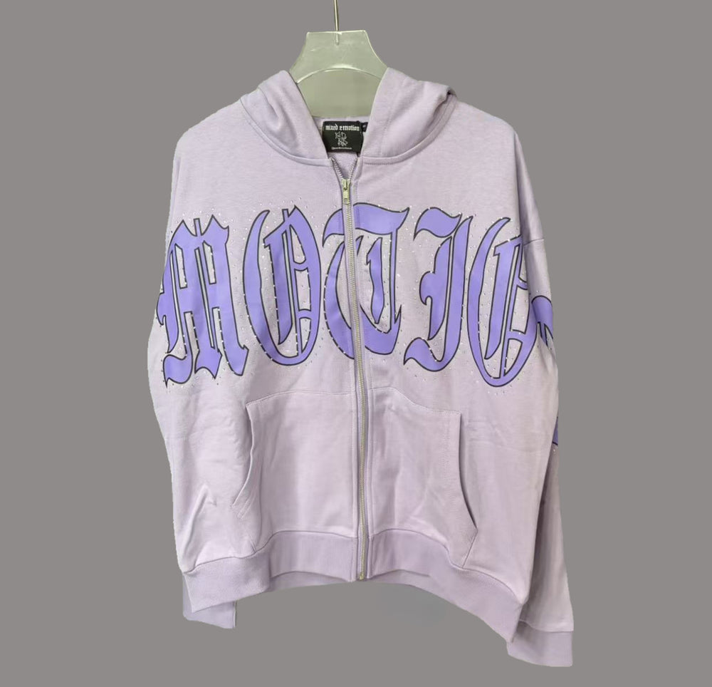 MIXED EMOTION Vintage Rhinestone Purple Lettering Full-Zip Hoodie (Lilac)