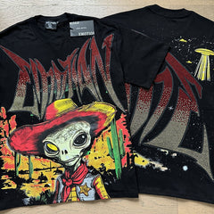 MIXED EMOTION Vintage Rhinestone Alien Cowboy Graphic T-Shirt (Black)