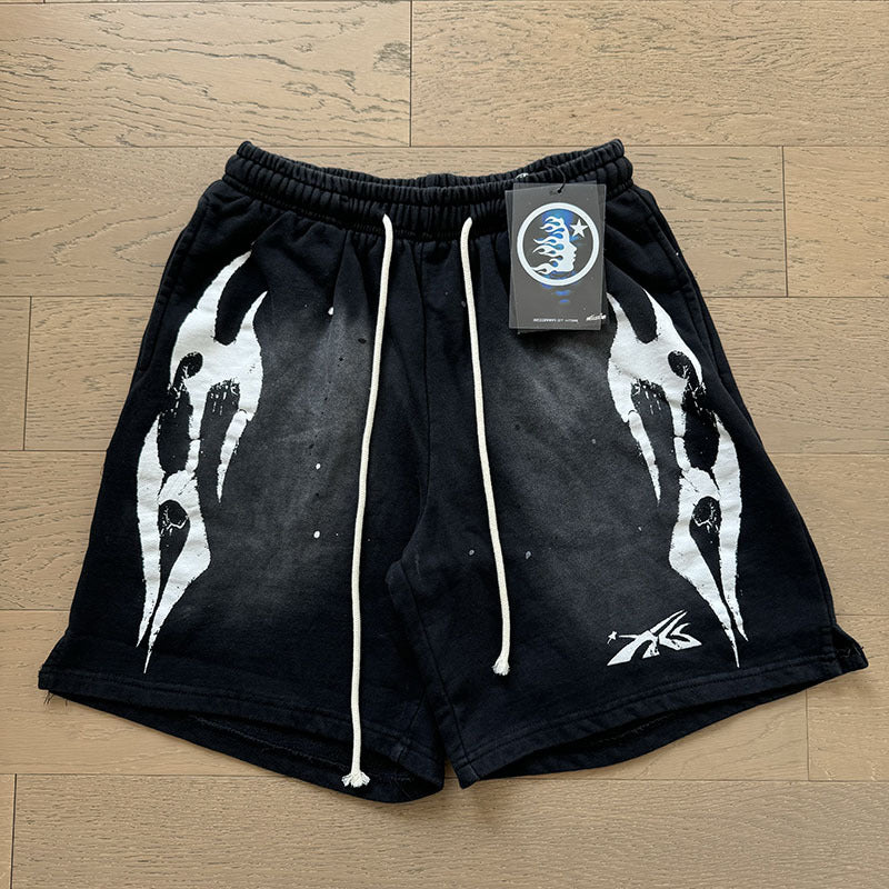 2024 summer new washed and worn casual shorts, flame printed trendy brand Hell Star men's five quarter pants (27)