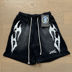 2024 summer new washed and worn casual shorts, flame printed trendy brand Hell Star men's five quarter pants (27)