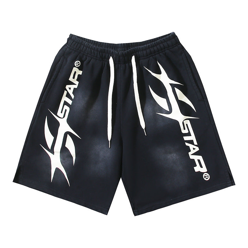 2024 summer new washed and worn casual shorts, flame printed trendy brand Hell Star men's five quarter pants (28)