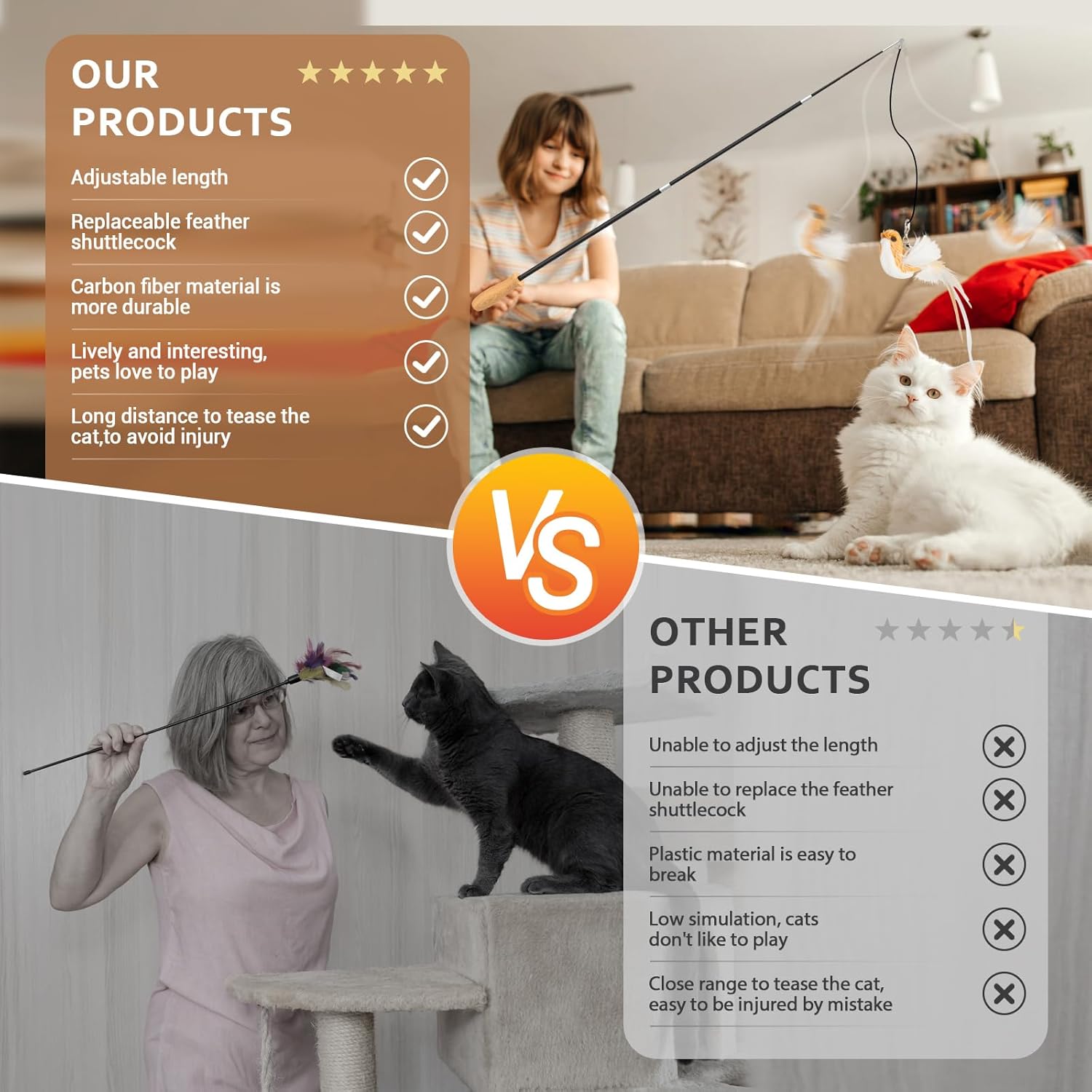 Cat Teaser Wand Toys, Interactive Bird Toys for Indoor Kittens, 42.15’’ Long Cat Fishing Pole Toys, 2Pcs Wires and 5Pcs Natural Refills, Sustainable Wooden Handles, Exercising, Playing